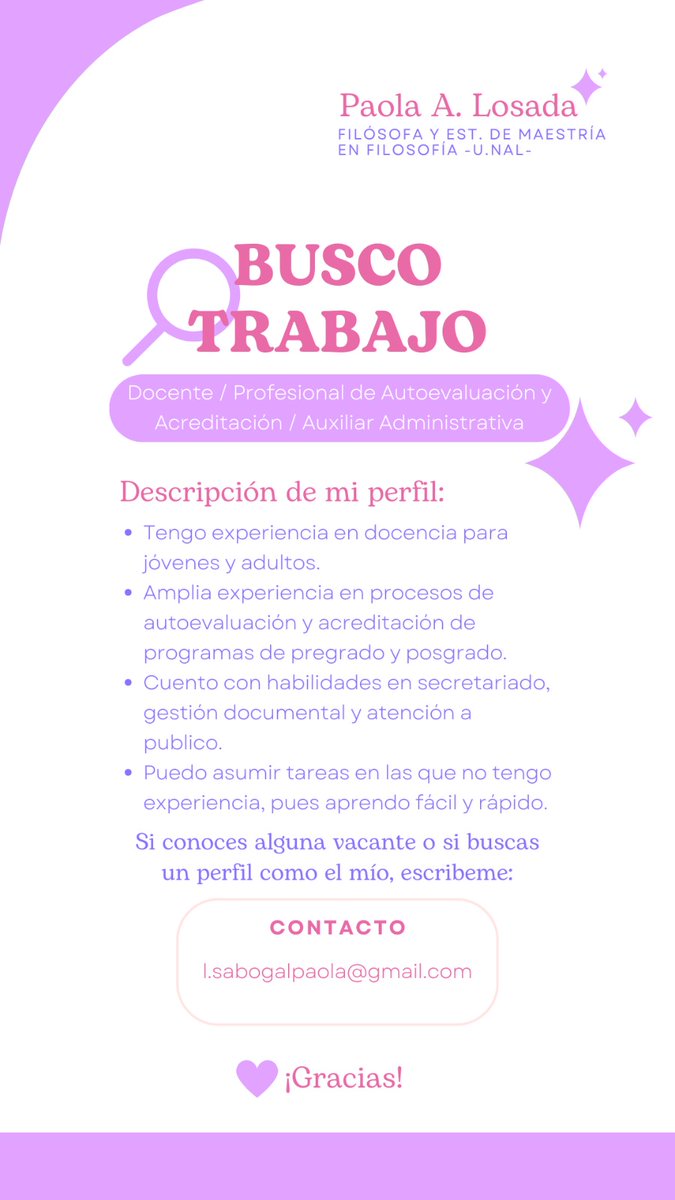 paolalosadas's tweet photo. Hola! 

Nuevamente estoy en búsqueda de empleo. 

Cualquier oportunidad laboral, la agradezco enormemente ❤️ https://t.co/GW6a5O1KzF