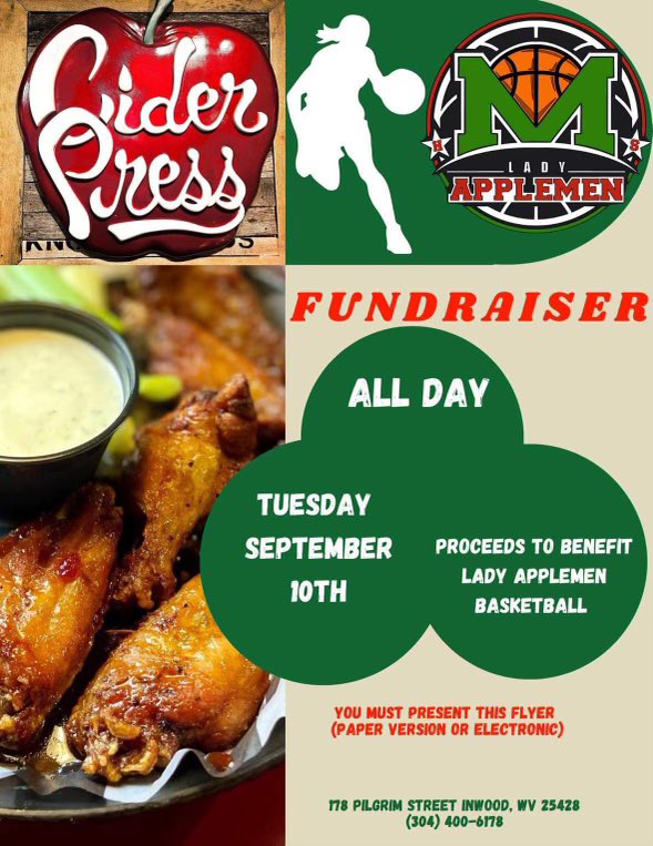 We have partnered with CIDER PRESS for the 2024-2025 basketball season!!!!

Come out, eat awesome food and support our Lady Applemen!

From 11am-8:00pm
SEPTEMBER 10TH! 

‼️MUST PRESENT THIS FLYER IN PERSON OR SHOW IT ELECTRONICALLY FOR FUNDS TO BE DESIGNATED TO LADY APPLEMEN‼️