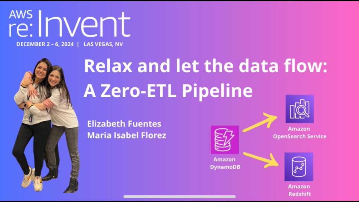 ElizabethFue12's tweet image. 📢 🚨 Exciting news! 🚨📢 

I&apos;m thrilled to announce that I&apos;ll be speaking at AWS re:Invent 2024 alongside 👩🏻‍💻@maisfloro  🎉 Solutions Architect at AWS. 

See you in Las Vegas! 🚀 

@awsdevelopers 

#AWSreInvent2024 #DataPipeline #ZeroETL #AmazonWebServices #AWS