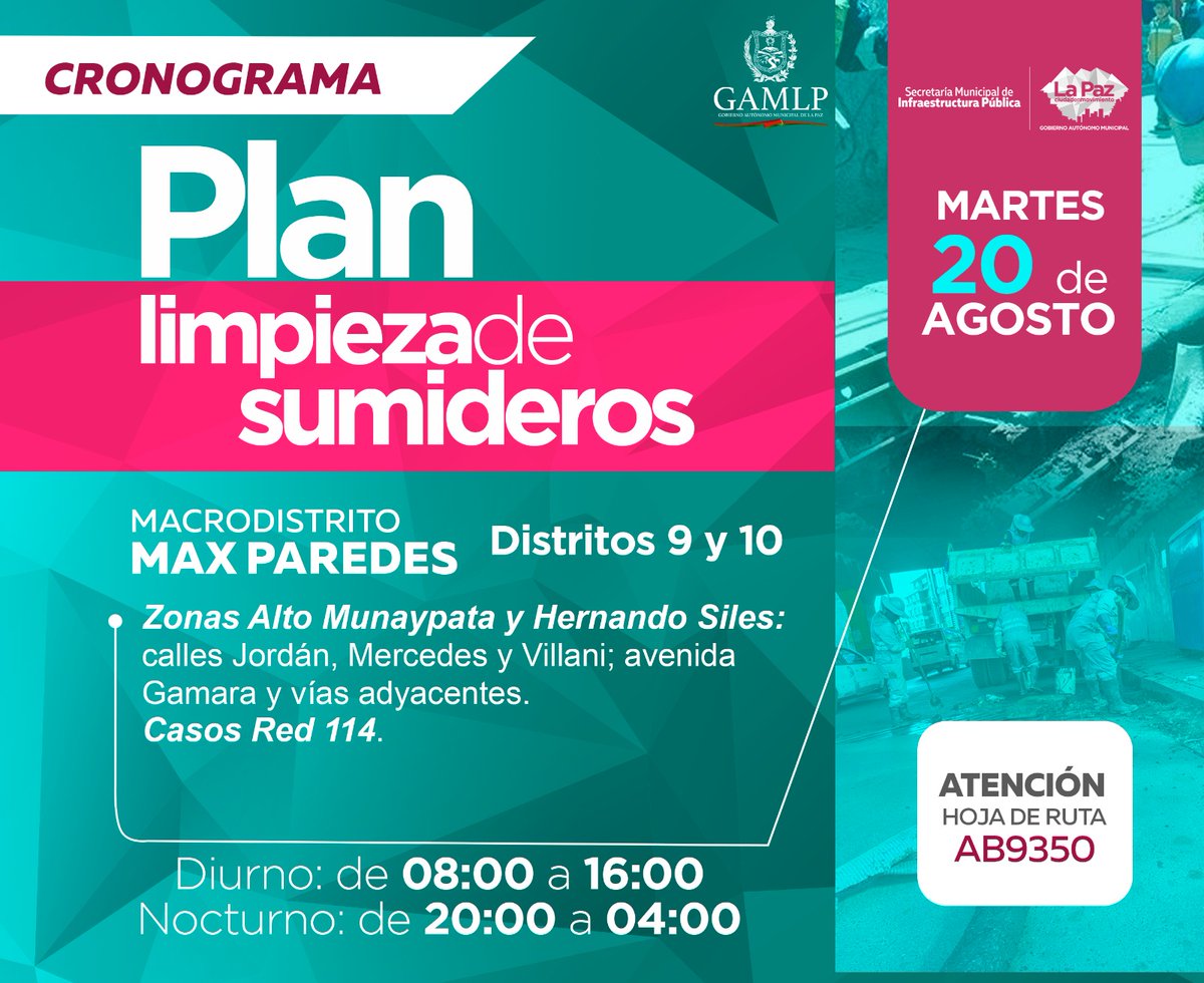 LaPazAlcaldia's tweet photo. #Hoy I ¡La #Alcaldía de #LaPaz atiende las demandas de la población!
Los trabajos de limpieza de sumideros llegan a los macrodistritos #MaxParedes y #Periférica.
#LaPaz https://t.co/PSSjW98sXW