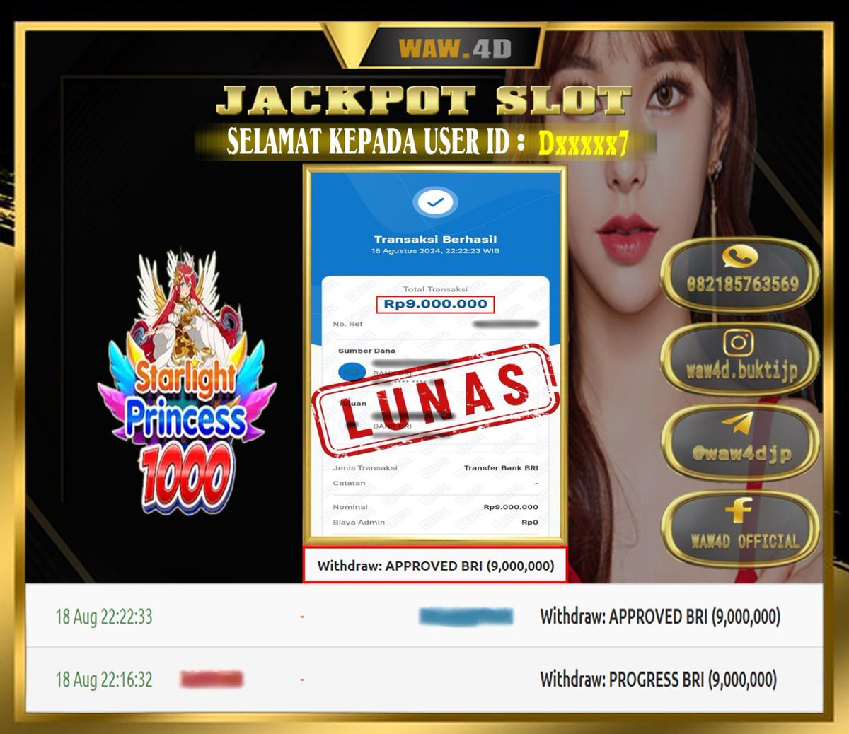 WAW4D_OFFICIAL's tweet photo. BUKTI PEMBAYARAN 18 AGUSTUS 2024 π±
WIN GAMES : STARLIGHT PRINCESS 1000
SEBESAR Rp 9.000.000
#waw4d #buktijp #buktilunas #pastibayar #pastilunas #pragmatic #slotgacor #casinoonline #gatesofolympus #situsgacor #situsslot #maxwin #maxwinslot #slotgacorhariini #slotpg https://t.co/Xzoe9JShZE
