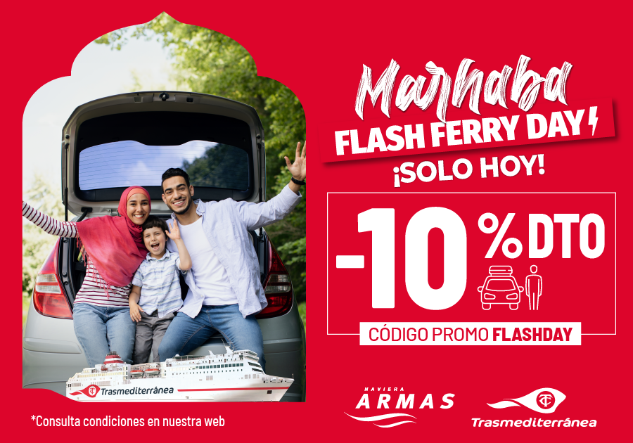 BaleariaCanaria's tweet photo. Consigue solo hoy 21/08 un 10% de descuento con nuestro #FlashDay. Entra a 🔗https://t.co/ff8QR0yg3U, e introduce el código FLASHDAY 🛳️ ¡Tu viaje con descuento en pasajeros con o sin vehículo! #Marhaba https://t.co/AyaBnFjbTS
