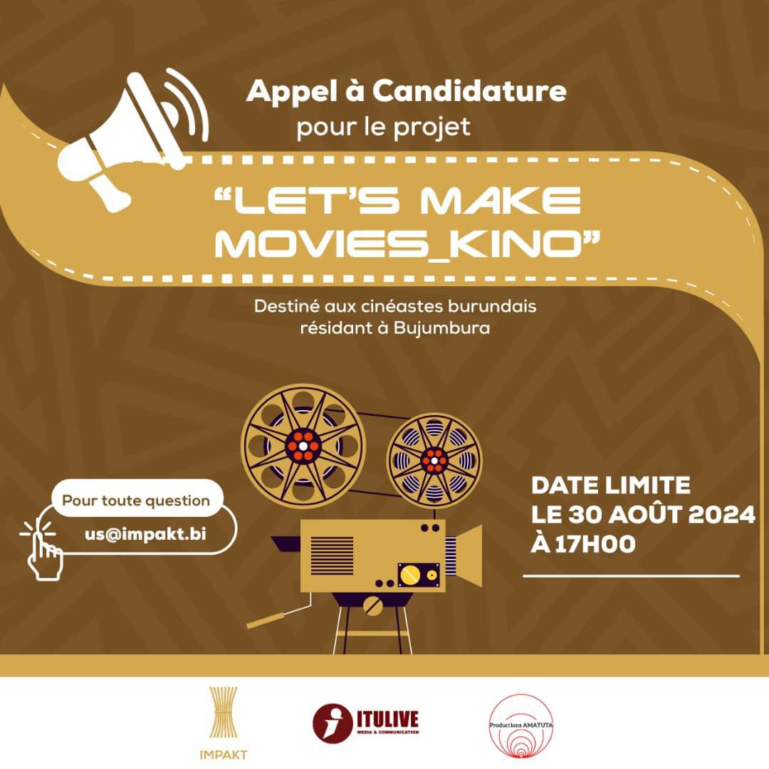 ITULIVEMEDIA's tweet photo. 🎬 Let's Make #Movies_Kino! 🌟

Venez créer un court-métrage en 4 jours lors de l'IMPAKT Film Festival (23-27 sept 2024) à Bujumbura! 🎥

📅 Candidatures : CV, LM et synopsis avant le 30 août à us@impakt.bi avec Itulivemedia@gmail.com en copie https://t.co/mjSZVW1hlk