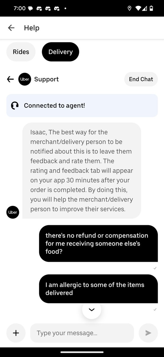 SKAvenging's tweet photo. hey @UberEats is it your policy to refuse refunds to customers who receive someone else's order?? what am I supposed to do with food I'm allergic to? I'm expected to pay for things that I cannot eat because of YOUR driver's mistakes? https://t.co/X6LVMmwh24