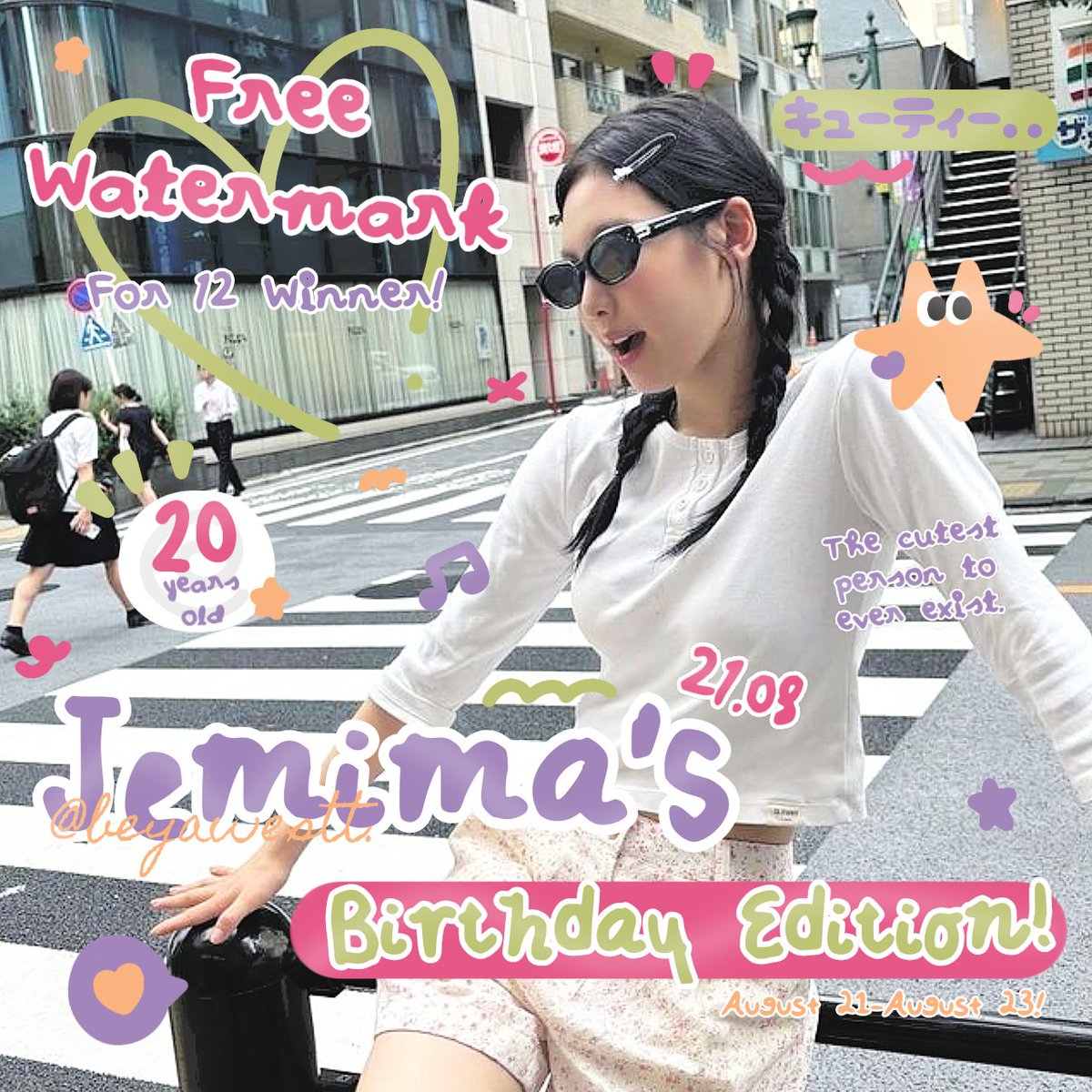Any interaction are highly appreciated! さんきゅう..♡

GIVEAWAY ALERT! 🥢

halooo! dalam rangka JEMIMA's BIRTHDAY 🦭, ada free Watermark untuk 12 orang pemenang! untuk rules dan info nya bisa cek ALT yaa. 🩷

t. #zonauang