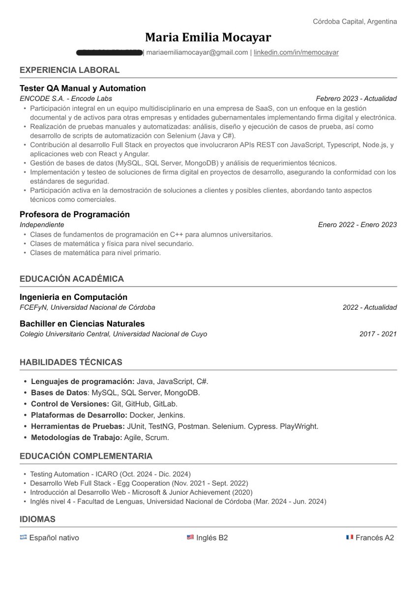 Este es mi CV!! 

Estoy buscando nuevos desafíos!! asi que si pueden compartirlo en sus empresas me sirve un montón 🫶
Si sos recruiter te paso la versión sin el número censurado por DM/mail. 

Se acepta feedback y críticas AMABLES. 

Abajo les comparto la plantilla para los