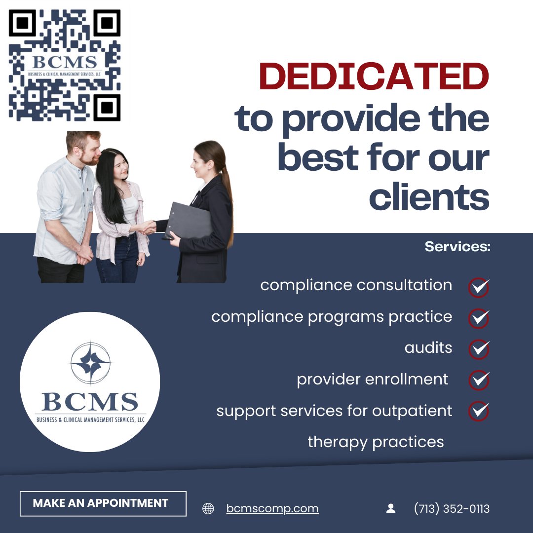 Business & Clinical Management Services, LLC (@bcmscomp) on Twitter photo ARE YOU SWIMMING IN THE SEA OF HEALTHCARE REGULATION?
BCMs IS YOUR COMPLIANCE SOLUTION FOR OUTPATIENT THERAPY PROVIDERS!
Schedule a call now using our easy QR code below!
Business & Clinical Management Services
📲 (713) 899-9812
✉️ nevinsa@bcmscomp.com
🌐bcmscomp.com ARE YOU SWIMMING IN THE SEA OF HEALTHCARE REGULATION?
BCMs IS YOUR COMPLIANCE SOLUTION FOR OUTPATIENT THERAPY PROVIDERS!
Schedule a call now using our easy QR code below!
Business & Clinical Management Services
📲 (713) 899-9812
✉️ nevinsa@bcmscomp.com
🌐bcmscomp.com