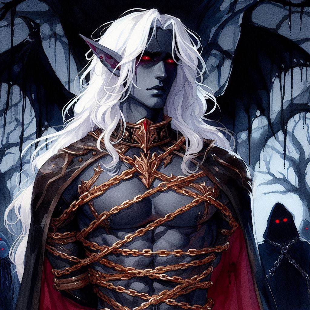 Nyxen has been captured and brought to the Shadowfell, to be fought over by the Raven Queen and The Queen of Air and Darkness. This was fated long ago by ancestral curse. #drow #elf #vampire #Underdark #ai #aiart #dnd #shadowfell #fey