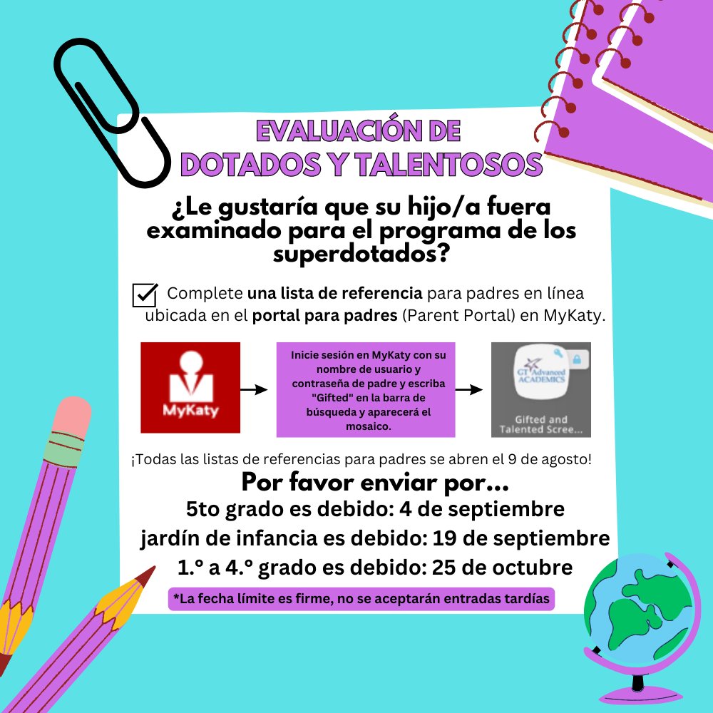 OLE5thGrade's tweet photo. GT Screening Parent Checklists due September 4th @OLE_Leopards #GTScreening #GTTesting #LeonardLeopards #5thGrade https://t.co/XkfTDbX6nG