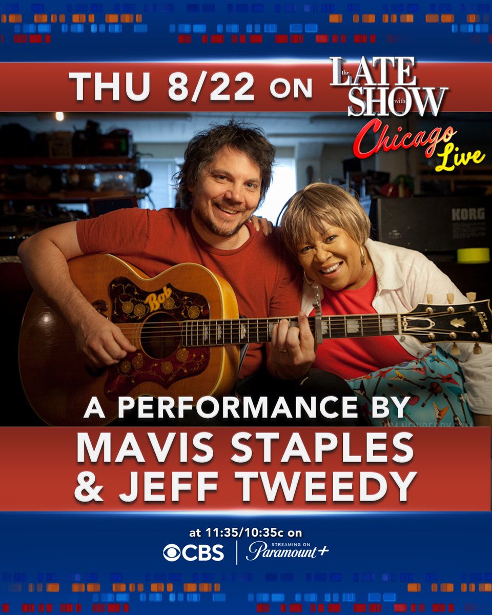 Mavis Staples (@mavisstaples) on Twitter photo Looking forward to performing with my dear friend, <a href="/JeffTweedy/">Jeff Tweedy</a>, on <a href="/StephenAtHome/">Stephen Colbert</a> - Live from Chicago. Tune in this Thursday, Aug. 22 at 11:30pm. Looking forward to performing with my dear friend, <a href="/JeffTweedy/">Jeff Tweedy</a>, on <a href="/StephenAtHome/">Stephen Colbert</a> - Live from Chicago. Tune in this Thursday, Aug. 22 at 11:30pm.