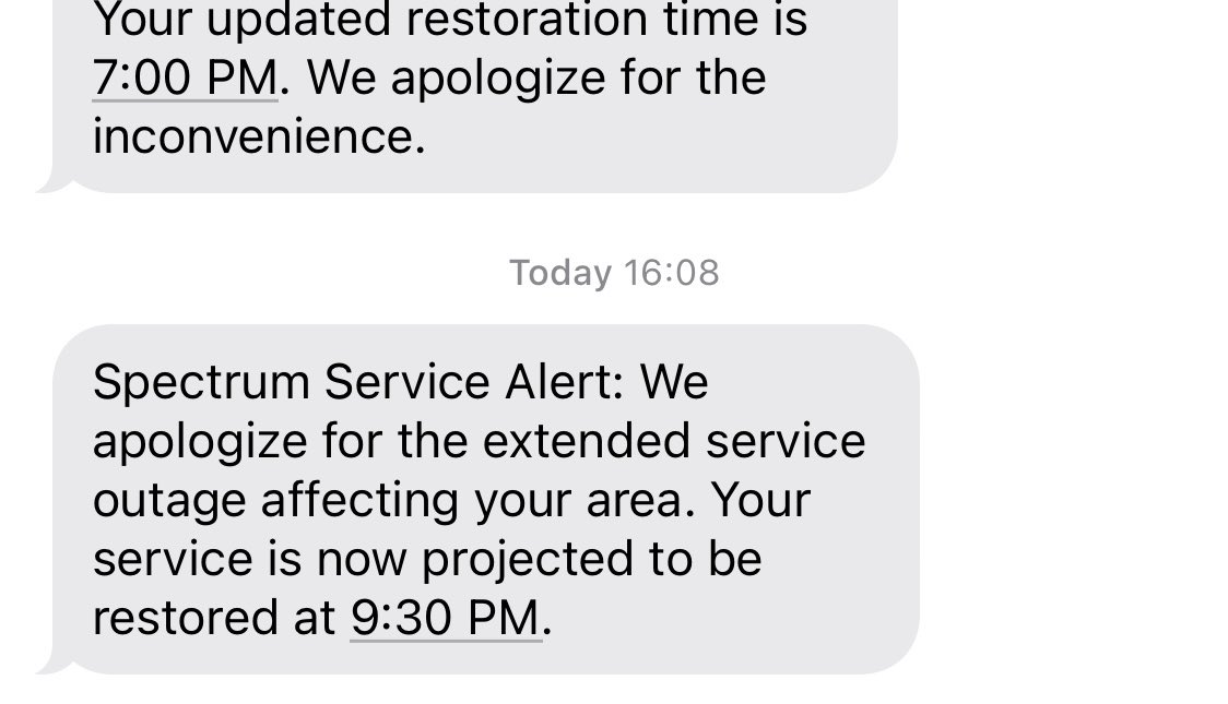 fearrange's tweet photo. @BertoP510 @Ask_Spectrum Est 9:30pm now. Down almost the whole business day, there should be a prorated refund in the next bill. https://t.co/rBNSLiYEOn