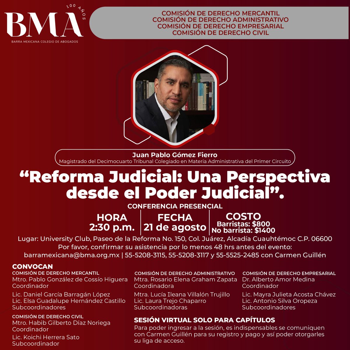 Nos vemos en la conferencia: "Reforma Judicial: Una Perspectiva desde el Poder Judicial”

👤 Juan Pablo Gómez Fierro / <a href="/JPgomezfierro/">Juan Pablo Gómez Fierro</a>
🗓 21 de agosto
⏰ 14:30 h.
📍 University Club / g.co/kgs/AZudRK3
✉️ barramexicana@bma.org.mx

Te esperamos para seguir hablando de la