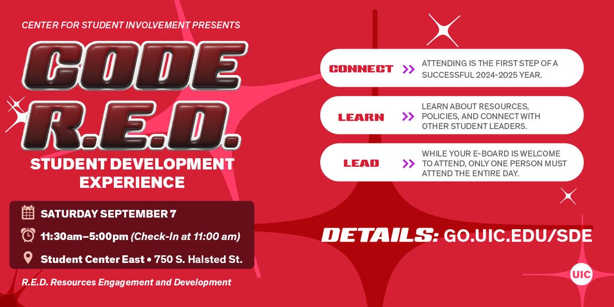 Join CSI for CODE R.E.D. on Sept. 7, 2024!🔥A leadership development experience for student leaders across campus - RSO leaders, department-supported groups, residence hall leaders, and student employees. RSVP by Aug 30th at go.uic.edu/sde. #leadership #thisisUIC