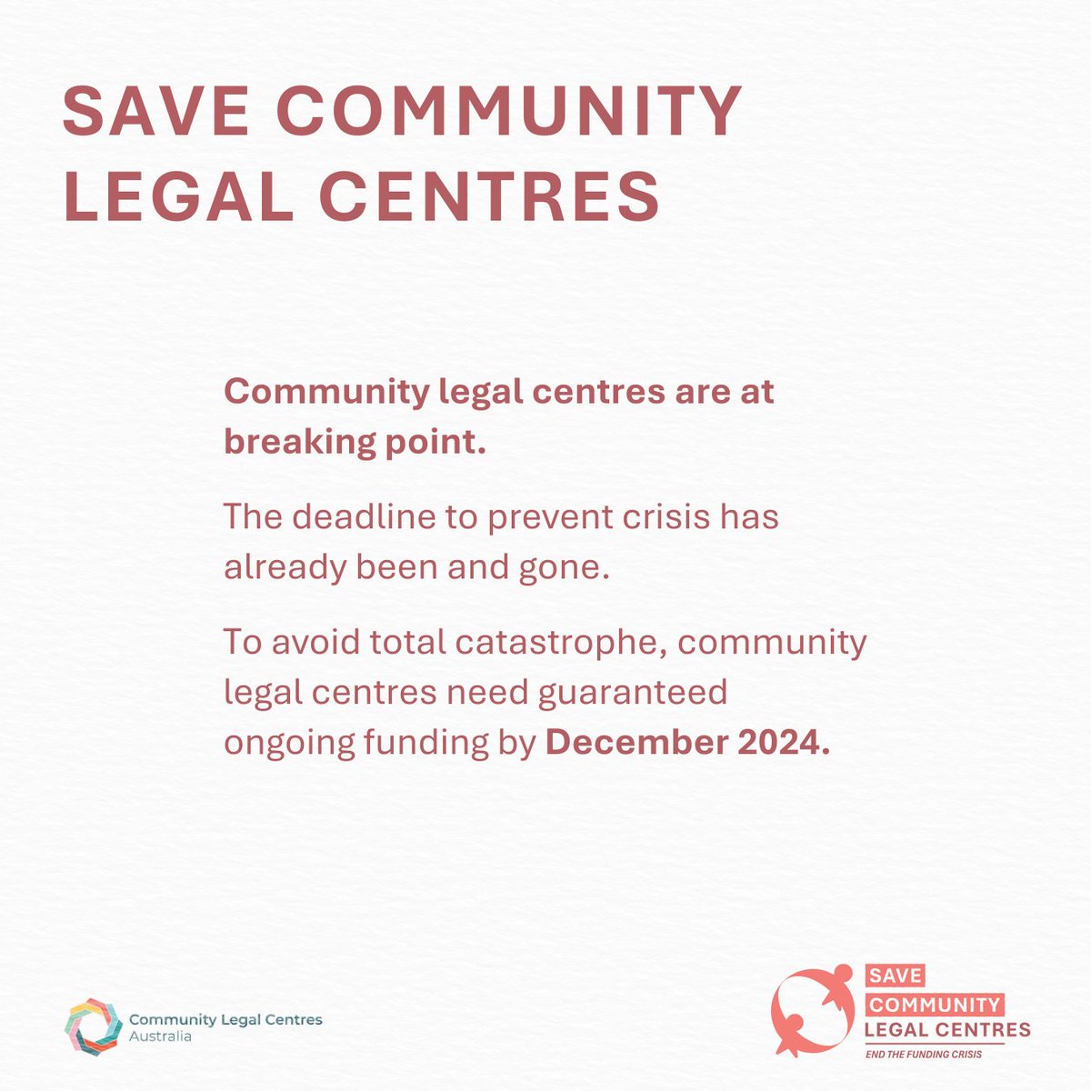 ❌ Community Legal Centres are at a breaking point. Funding shortages &amp; overwhelming demand are forcing centres to turn away 1000 people daily &amp; reduce services to communities across the country.  The crisis will escalate without guaranteed funding ⛔

#SaveCommunityLegalCentres