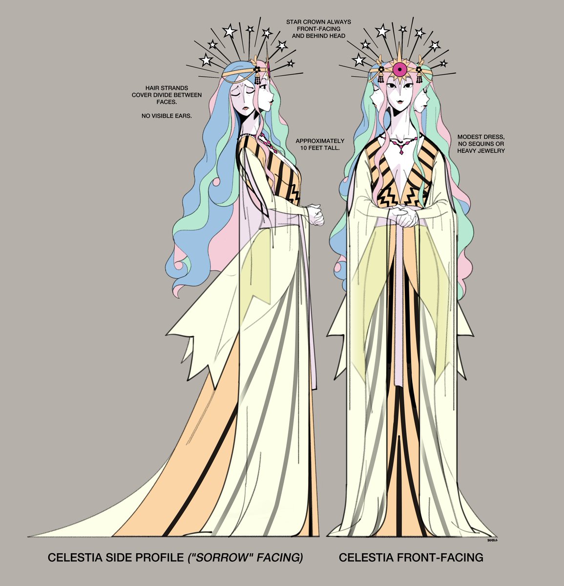 BixelsWixels's tweet photo. Full-body references of Princess Celestia's human(oid) redesign for the Grand Galloping 20s AU as the Sun Witch. Hoping to do an expression sheet sometime too, especially with her side-faces. https://t.co/n3XpBfo8dj
