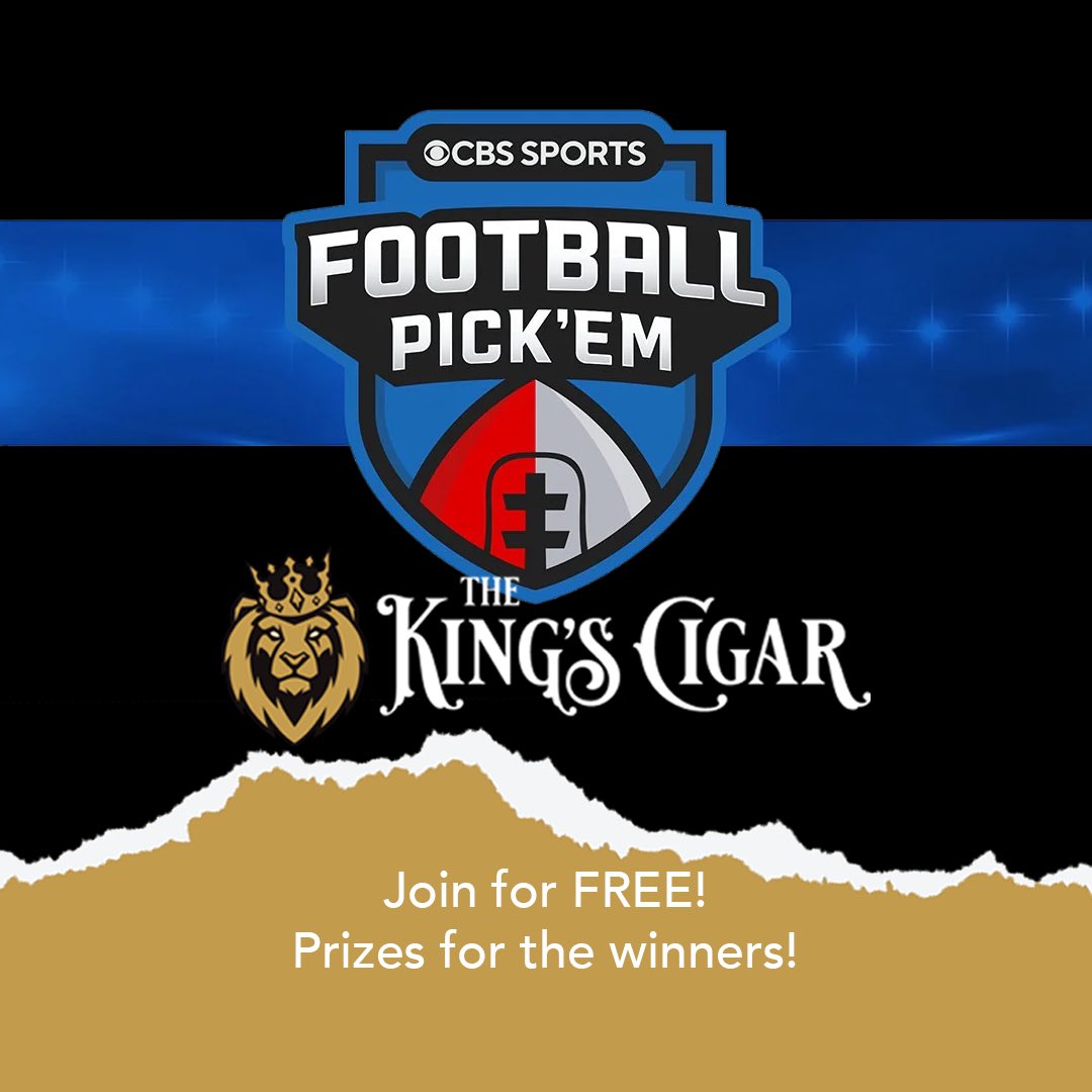 the_kings_cigar's tweet photo. Join the King’s Cigar Pick ‘Em Pool! Prizes at the end of the season for winners! Specifically…cigars! Free to join. Simple to play. Simply go to the link below, set up an account, and start picking winners. 

https://t.co/yRjNIydD5s

#Chiefs #NFLpickem #pickempool #cbssports https://t.co/ObwF8K5tg7