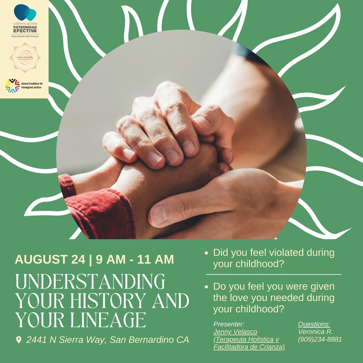 August 24 at 9 AM - 11 AM 📍 2441 N Sierra Way, San Bernardino CA

Entendiendo tu historia, tu linaje y cómo tu crianza formó lo que eres hoy ❗️

Understanding your history, your lineage, and how your upbringing shaped who you are today ❗️