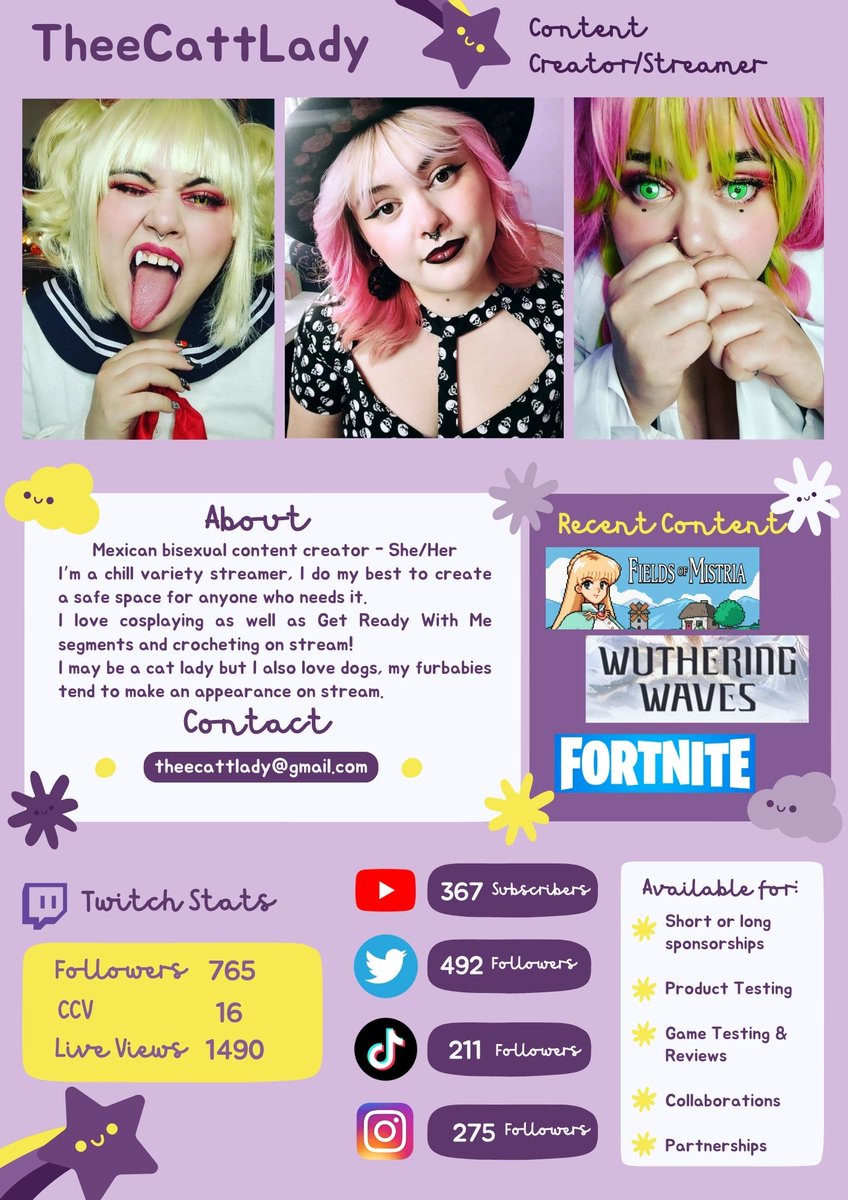 First time posting a media kit 😳

If you're looking for a content creator please review below. 

Let's talk! 
email: theecattlady@gmail.com
twitch.tv/theecattlady
