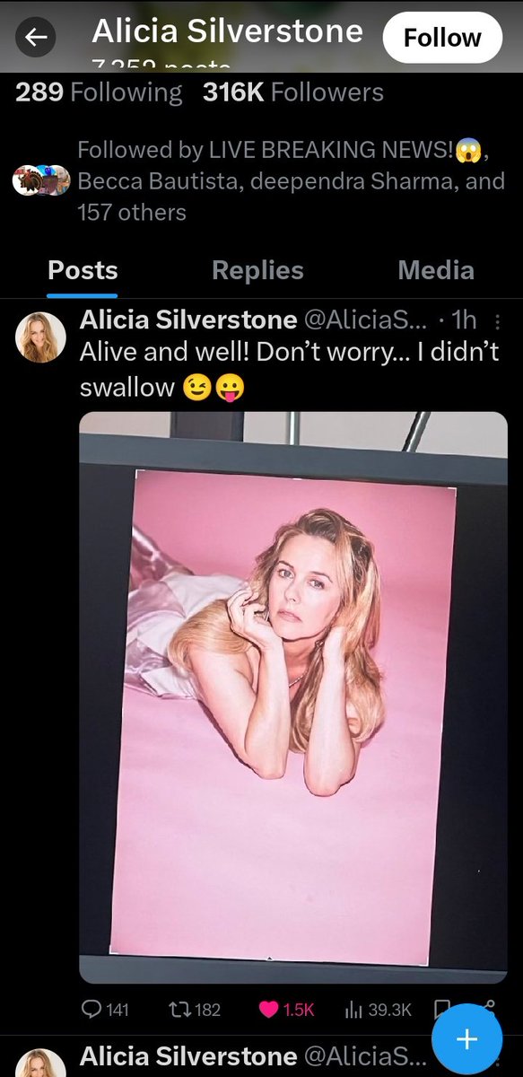 thelastshow's tweet photo. GOOD NEWS!
Alicia Silverstone is alive and well😍
She says she didn't swallow!☺️
#Jerusalemcherry #AliciaSilverstone
Posted by @AliciaSilv https://t.co/xLRrVHlOh3