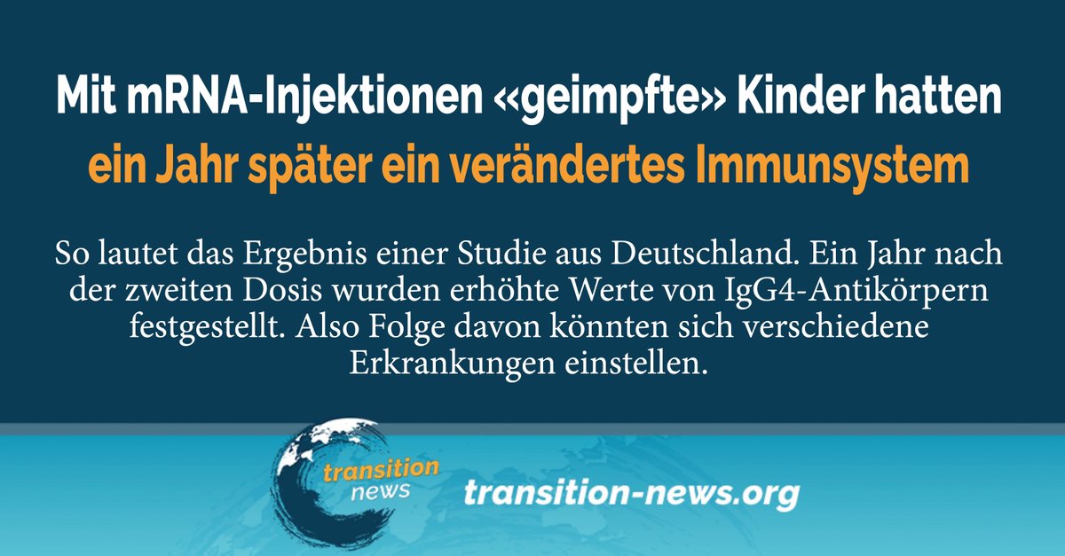 C_Transition2's tweet photo. Die #Forscher unter der Leitung von Robin #Kobbe vom #Universitätsklinikum Hamburg-Eppendorf untersuchten Blutproben von 14 gesunden #Kindern , in denen sie ein Jahr nach der zweiten Dosis erhöhte Werte von IgG4-Antikörpern fanden. Diese Art von #Antikörper könnte darauf hinweisen, dass das #Immunsystem seine Reaktionsweise geändert hat. Während ähnliche Phänomene bei #Erwachsenen nach mehreren #mRNA-Impfungen beobachtet wurden, ist dies laut den Autoren die erste #Studie , die dies auch bei Kindern zeigt.
Weiterlesen... (https://t.co/BIya8sorre)
#transitionnews #mRNA #coronaimpfung #kinder #gesundheit #antikörper