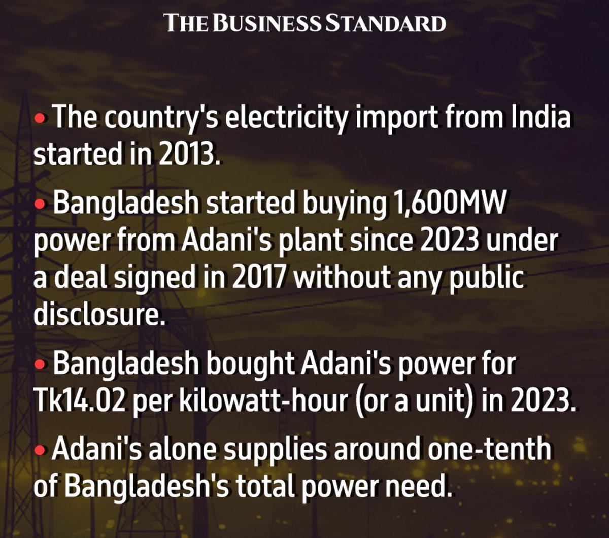 IstiakTweets's tweet photo. Bangladesh is paying Tk 14.02 per kilowatt-hour for electricity from Adani's Godda plant—nearly three times the average cost of Tk 5.23 per kilowatt-hour from other coal-fired plants. This price gouging leads to an annual overpayment of around Tk 11,000 crore (over $1 billion). 

The deal, signed in 2017 without public disclosure, appears to have been driven by Sheikh Hasina’s strategic interest in securing her regime's survival through strong ties with India and PM @narendramodi, rather than prioritizing Bangladesh's economic interests. This self-serving relationship has placed an undue financial burden on Bangladesh, compromising the nation's energy security for personal and political gain.

#Bangladesh #Adani #EnergyCrisis #Corruption #Geopolitics #Transparency