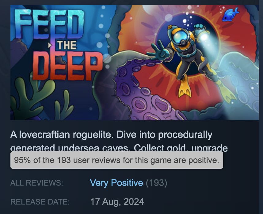 Feed the Deep is just shy of 200 reviews, with a 95% positive rating. I am just... overwhelmed with gratitude.