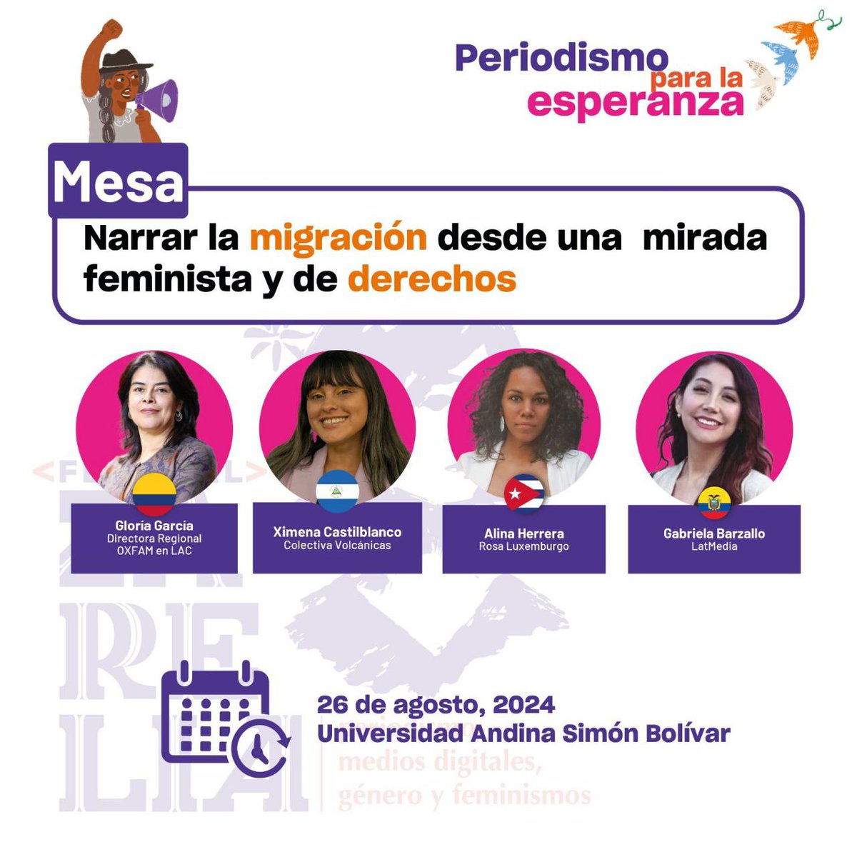 Festival Zarelia (@festivalzarelia) on Twitter photo Periodismo que cubre la migración desde una perspectiva feminista y de derechos humanos.
Te invitamos a participar en esta Mesa
Gloria García, Directora Regional de <a href="/oxfam_es/">Oxfam en español</a>
Ximena Castiblanco <a href="/CVolcanicas/">Volcánicas</a>
Gabriela Barzallo <a href="/gabybarzallo/">Gabriela Barzallo</a>
Alina Herrera <a href="/rosaluxandina/">Rosalux Andina</a>
Mira esta y Periodismo que cubre la migración desde una perspectiva feminista y de derechos humanos.
Te invitamos a participar en esta Mesa
Gloria García, Directora Regional de <a href="/oxfam_es/">Oxfam en español</a>
Ximena Castiblanco <a href="/CVolcanicas/">Volcánicas</a>
Gabriela Barzallo <a href="/gabybarzallo/">Gabriela Barzallo</a>
Alina Herrera <a href="/rosaluxandina/">Rosalux Andina</a>
Mira esta y