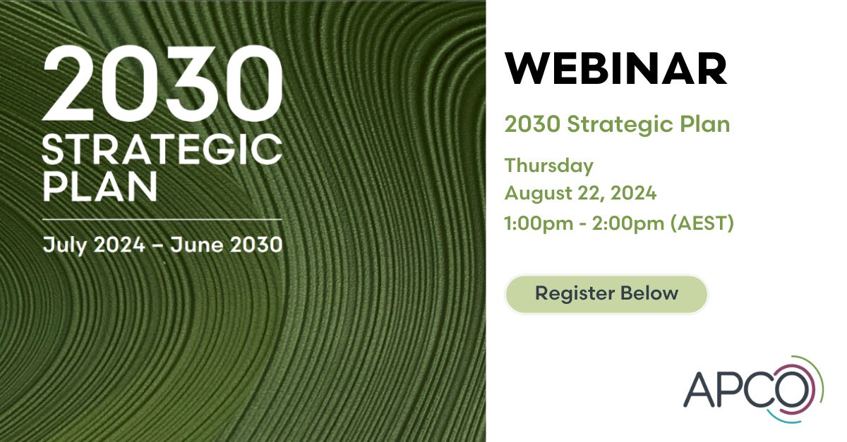 APCO (@apcovenant) on Twitter photo Reminder! The 2030 Strategic Plan Webinar takes place 1:00pm AEST this Thursday.
Join us to hear from APCO CEO and Head of Government Partnerships who will take you through our bold new strategic plan.
Visit here to register: shorturl.at/Ho5EB
Or email apco@apco.org.au Reminder! The 2030 Strategic Plan Webinar takes place 1:00pm AEST this Thursday.
Join us to hear from APCO CEO and Head of Government Partnerships who will take you through our bold new strategic plan.
Visit here to register: shorturl.at/Ho5EB
Or email apco@apco.org.au