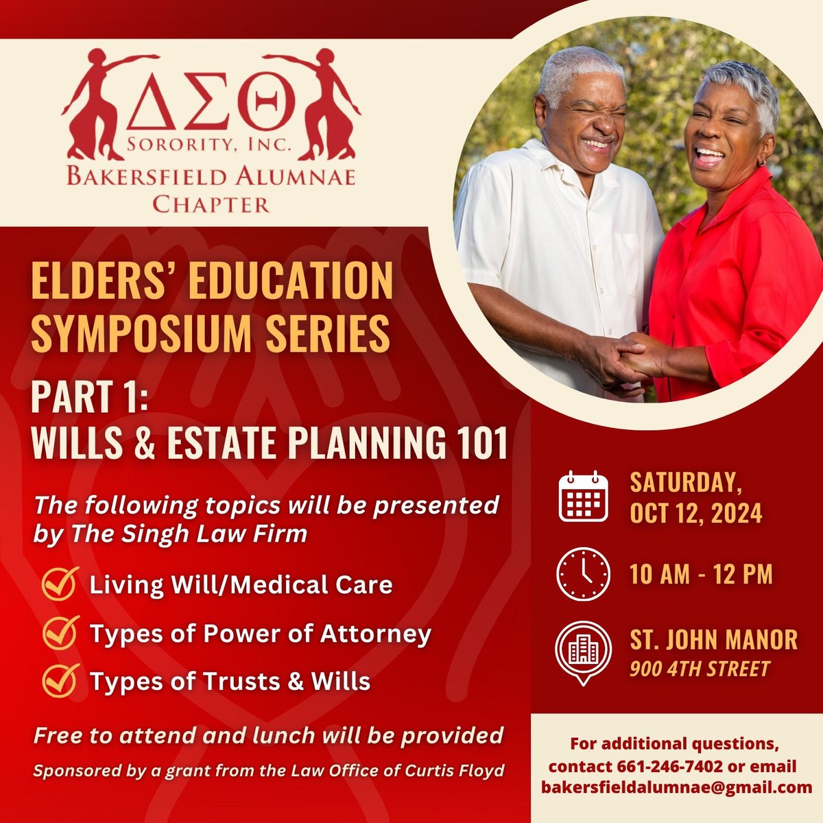DSTBakersfield's tweet photo. Don’t miss our Elders’ Education Symposium where we will empower older adults through education. The first of the three part series on Wills and Estate Planning will be presented by The Singh Law Firm. 

Sponsored by a grant from the Law Office of Curtis Floyd
#DST1913 https://t.co/rNLXqIgZNQ