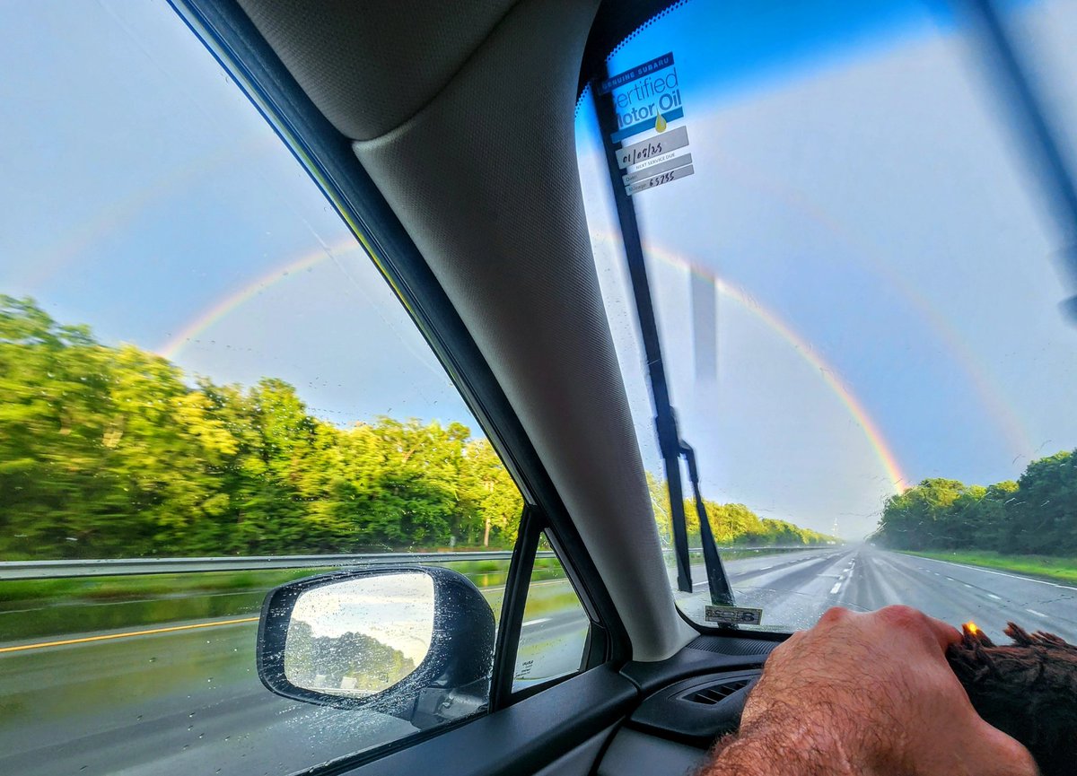 Caught this on my drive back home yesterday, y'all 
Double rainbow
All the way across the sky
So intense