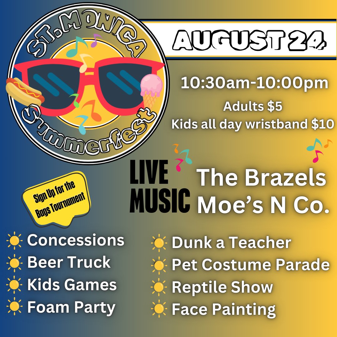 StMonicaAcademy's tweet photo. Summerfest is a CASH ONLY event, Adults are $5, Kids $10. Kids admission includes face painting, animal balloons, a reptile show, a foam party, and carnival games.  Note,  the Dunk Bucket, concessions, beer truck and Kona Ice truck are separate purchases, https://t.co/TaWMh5EBur