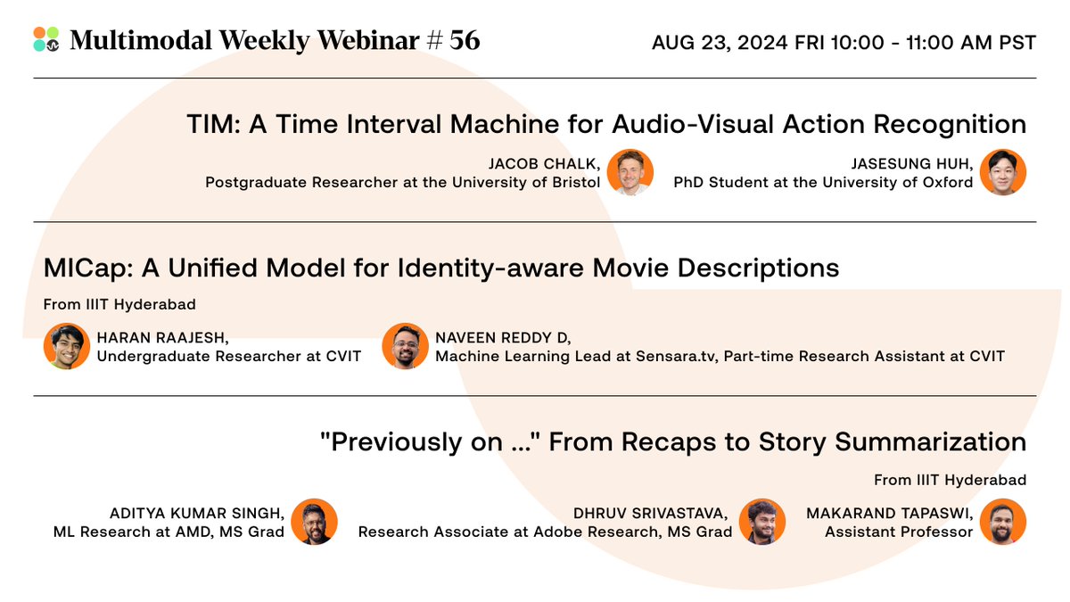 twelve_labs's tweet photo. In the 56th session of #MultimodalWeekly, we have three exciting presentations across different video understanding tasks: action recognition, video description, and video summarization. https://t.co/Jz9lQwDLWN