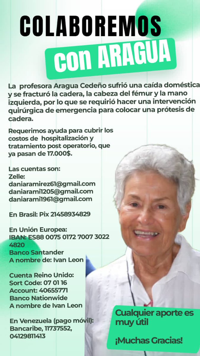 #20Ago Por favor se solicita colaboración para la cirugía y recuperación de la Prof. Aragua Cedeño de León, Facultad de Ciencias, #UCV. #solidaridad