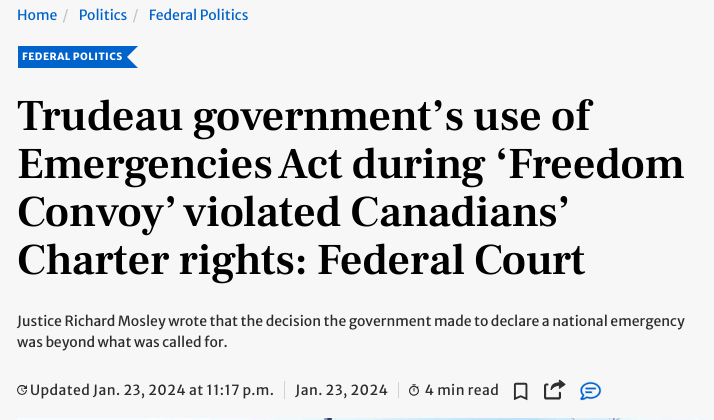 A reminder for all Canadians, if the Government violates your Charter Rights, nothing will ever come of it, no one will be held accountable or ever answer for it.  It will be swept under the rug and disappear. Thats a big problem in my books.