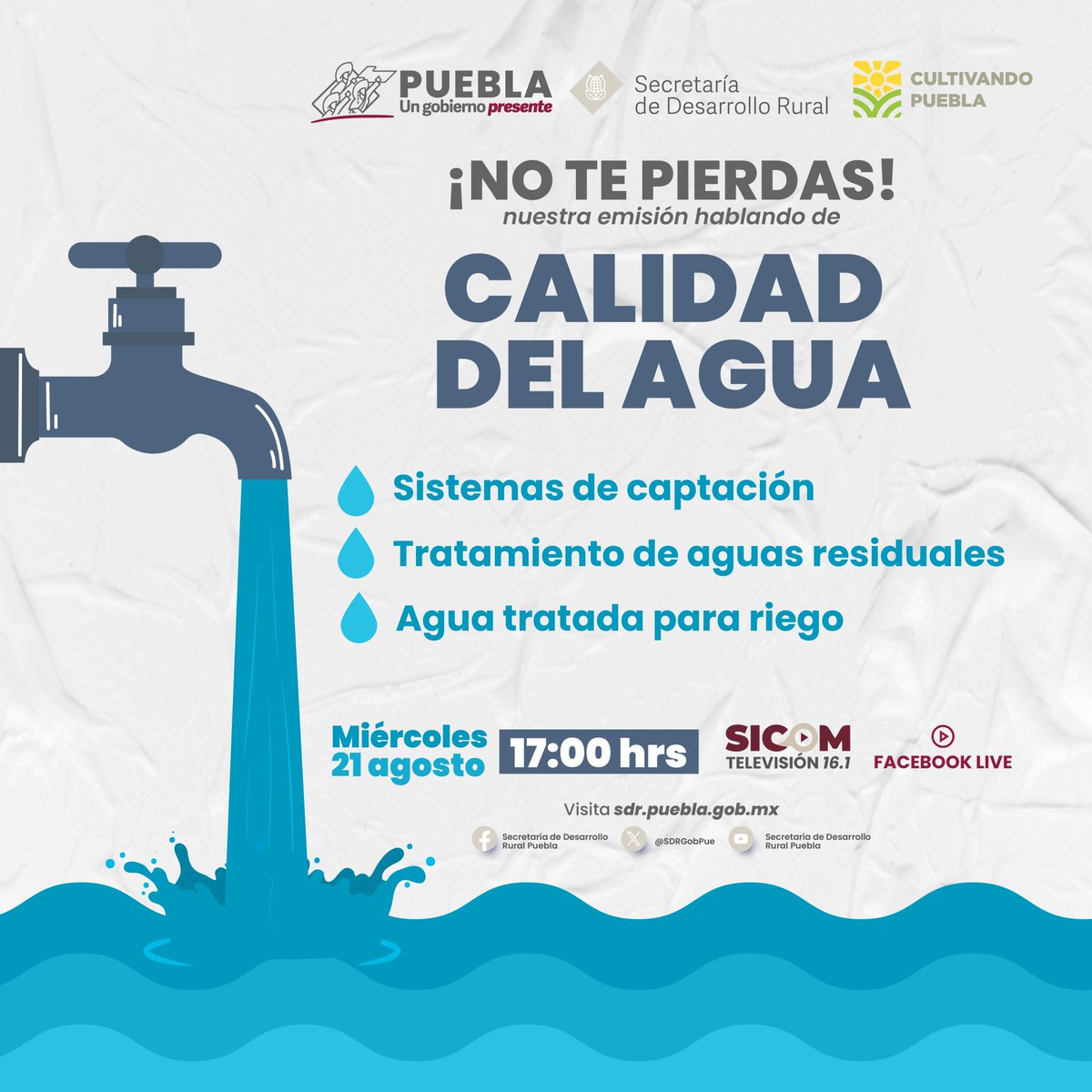 No te pierdas la próxima emisión de Cultivando Puebla 📺   Este 21 de agosto a las 17:00 horas, sintoniza el 16.1 de televisión abierta o acompáñanos a través de Facebook Live para una charla sobre la Calidad del Agua y su Tratamiento para Riego. 🚜💧 
Conoce  los procesos