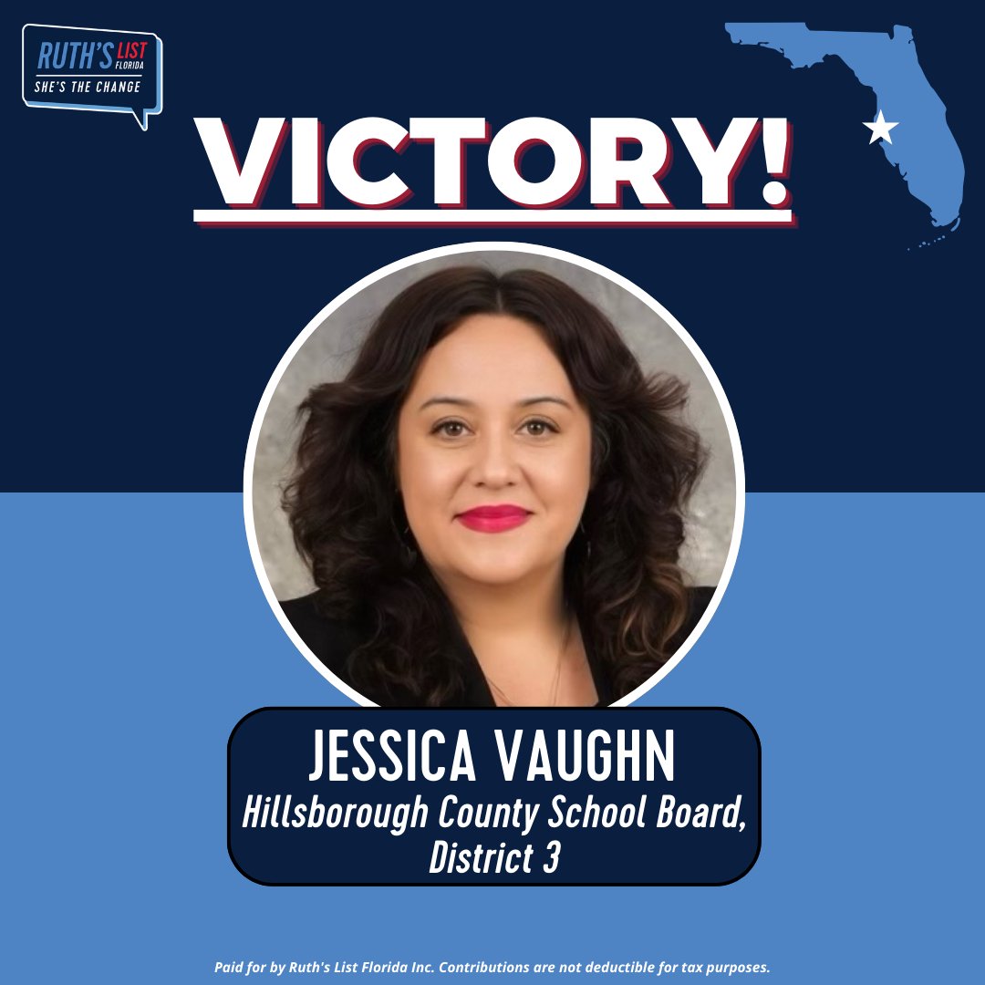 Congratulations to School Board Member Jessica Vaughn (<a href="/jessicavaughnsb/">Jessica Vaughn for School Board, District 3</a>) on her re-election to Hillsborough County School Board, District 3! This win reflects her advocacy for the students, teachers and families of Hillsborough County. Help us congratulate her! #ShesTheChange