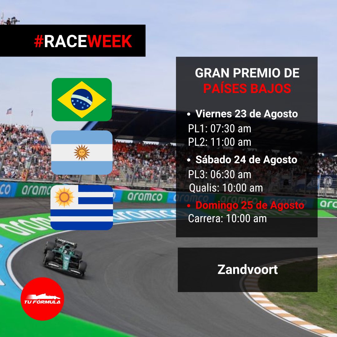 tuformula_1's tweet photo. TENEMOS NUEVAMENTE #RACEWEEK 🚨🚨
Gran Premio de los Países Bajos 🇳🇱
#Zandvoort recibe la Fórmula 1 tras el parón de verano y el león viene con hambre de victoria en casa 🇳🇱🦁
Aquí te dejamos los horarios de este fin de semana 👀
•
•
#NetherlandsGP #Formula1 #F1 #TuFormula https://t.co/C5mcmCgn0y