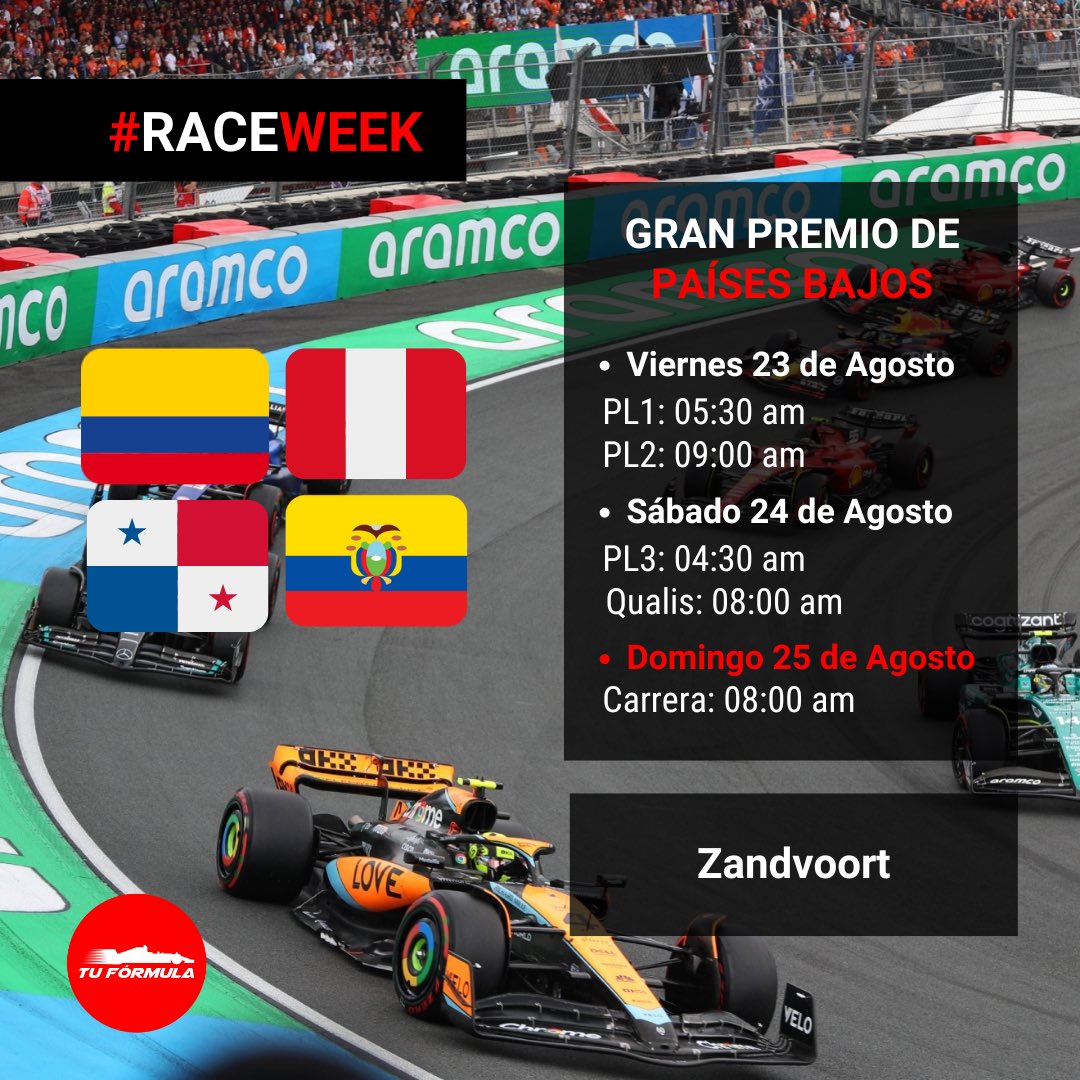 tuformula_1's tweet photo. TENEMOS NUEVAMENTE #RACEWEEK 🚨🚨
Gran Premio de los Países Bajos 🇳🇱
#Zandvoort recibe la Fórmula 1 tras el parón de verano y el león viene con hambre de victoria en casa 🇳🇱🦁
Aquí te dejamos los horarios de este fin de semana 👀
•
•
#NetherlandsGP #Formula1 #F1 #TuFormula https://t.co/C5mcmCgn0y
