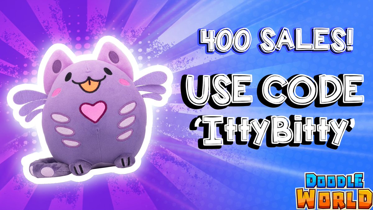 🎉400 BUNGO SALES! 🎉

For this triumphant moment, we must share this most precious itty mount code for you ALL! 

Use code IttyBitty to redeem your very own little catoid friend in-game. 

Bungo is still available for pre-order ▶
makeship.com/products/bungo…

#DoodleWorld #Roblox