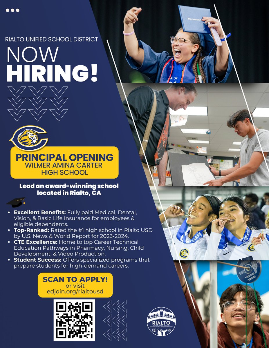 🎓 Seeking a dynamic leader! Join us as the Principal of W.A. Carter High! 🏫

Lead an award-winning school in Rialto, CA. Fully paid Medical, Dental, &amp; Vision benefits for employees &amp; eligible dependents. Apply today!

📲 Apply at edjoin.org/rialtousd