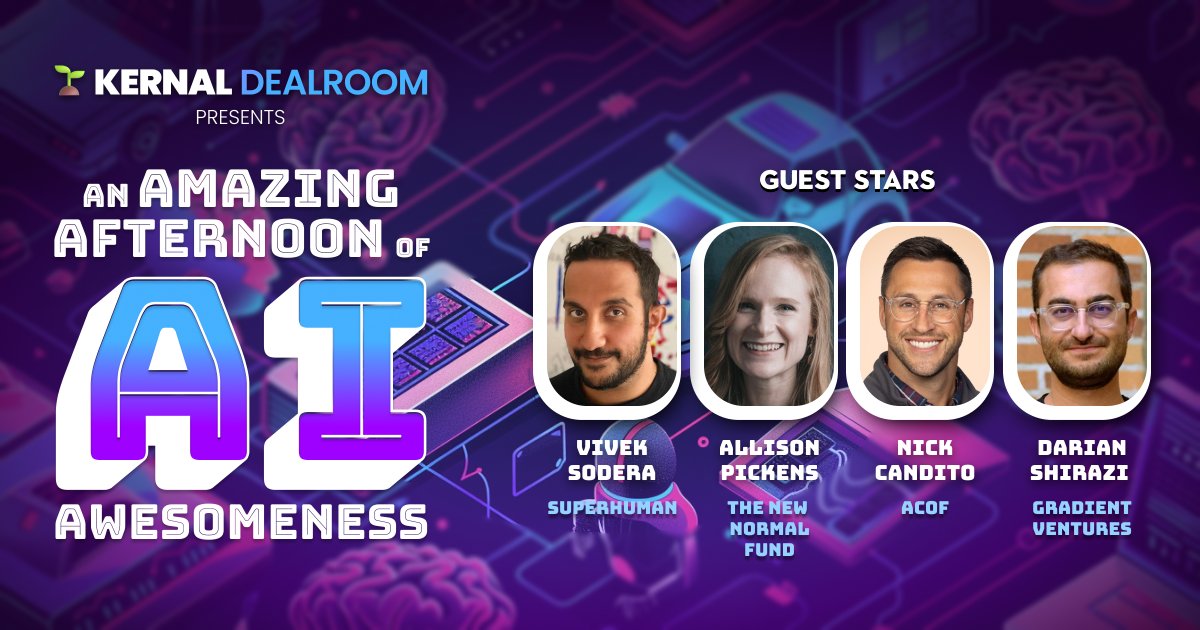 Cancel your lunch plans next Thursday. 

Because <a href="/darian314/">Darian Shirazi</a> <a href="/PickensAllison/">Allison Pickens</a> <a href="/vsodera/">Vivek Sodera</a> and <a href="/nickcandito/">Nick Candito ⚡️🤓</a> are joining on stage as judges for <a href="/kernaldealroom/">Kernal Dealroom</a>'s next pitch event. 

And it's gonna be a doozie and a half. Snag a seat: kern.al/event/amazing-…