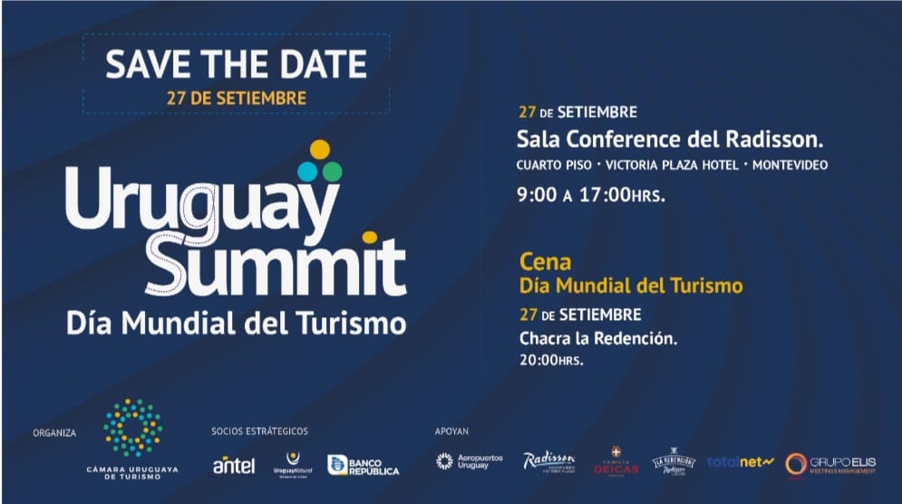CamturUruguay's tweet photo. ¡SAVE THE DATE!
27 de Setiembre - Día Mundial del Turismo.
#UruguaySummit
@AntelDeTodos @BROU_uy @Uruguay_Natural
Apoyan @AeropuertosUY @RadissonMvd #TotalNet https://t.co/RsRzfFaRvO