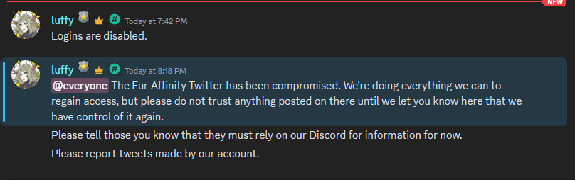 ClaraCatte's tweet photo. For all my furry friends out there, @FurAffinity's twitter has been compromised. Please share this around.
#FurAffinity #Furry #Furries #Twitter https://t.co/nmVvJZIcyN