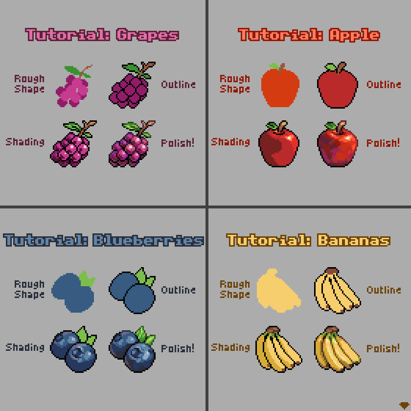 mirrutatep's tweet image. A few of my little mini fruit tutorials or maybe I should refer to them as "fruitorials" 😂
#pixelart