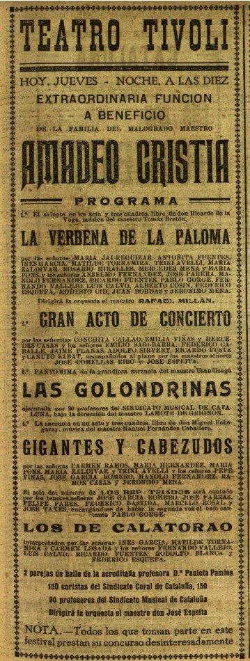 21 d'agost de 1924 [100 anys]: es retia al Tívoli de Barcelona un homenatge al músic Amadeu Cristià i Rotches, mort el 7 d'agost, pianista, director d’orquestra, concertador, compositor i pedagog de cant, piano, solfeig i tècnica musical.

ca.wikipedia.org/wiki/Amadeu_Cr…
<a href="/somsardana/">SomSardana</a>