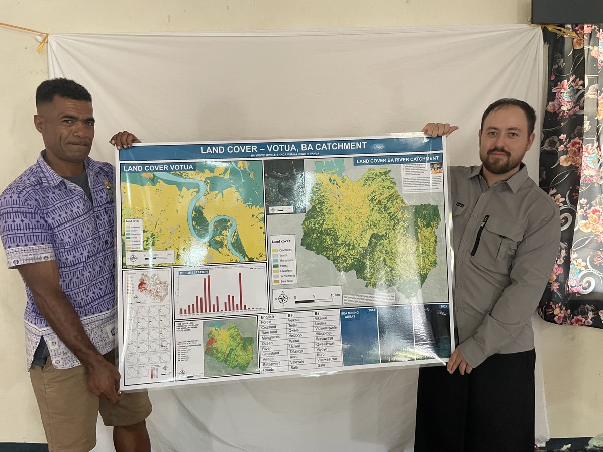 NMetherall's tweet image. Sharing research results including #landcover, #deforestation and #mining maps and posters with communities who helped build them in Votua Village in Ba, Fiji.
These posters and resources will be used by the village community for land use and #NaturalResourceManagement planning.