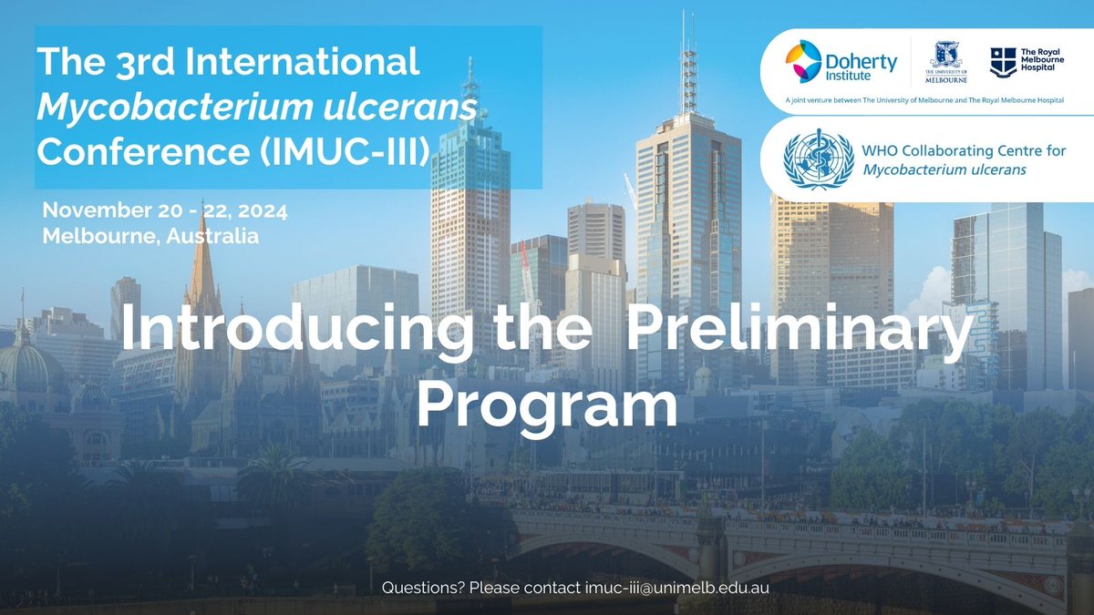 Doherty Institute (@thedohertyinst) on Twitter photo The 3rd International Mycobacterium ulcerans Conference is only 3 months away 🎉
📅 Key dates:
🔹 In-person reg. closes: 30 Sep 2024
🔹 Online reg. closes: 15 Nov 2024
🔹 Event: 20-22 Nov 2024 at <a href="/UniMelb/">University of Melbourne</a>
👉 Register: go.unimelb.edu.au/25w8
#BuruliUlcer #Mycobacterium The 3rd International Mycobacterium ulcerans Conference is only 3 months away 🎉
📅 Key dates:
🔹 In-person reg. closes: 30 Sep 2024
🔹 Online reg. closes: 15 Nov 2024
🔹 Event: 20-22 Nov 2024 at <a href="/UniMelb/">University of Melbourne</a>
👉 Register: go.unimelb.edu.au/25w8
#BuruliUlcer #Mycobacterium