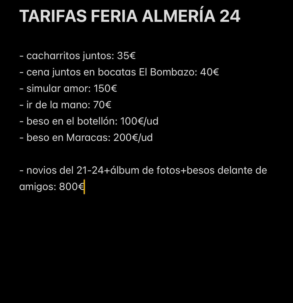 UDAlboran's tweet photo. hoy visto lo visto y como a partir de ahora formo parte del mundo del famoseo, hago públicas mis tarifas para esta feria ❤️ https://t.co/6E0fONZpod