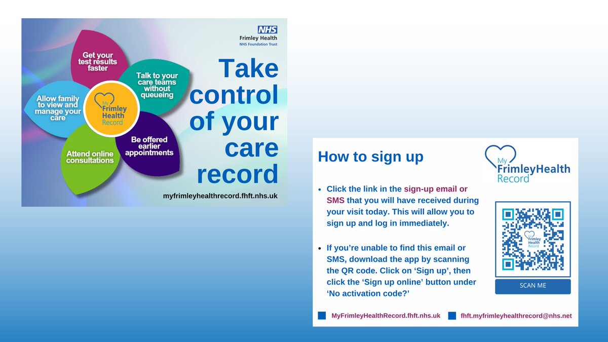💙 Are you asking patients sign up to MyFrimleyHealth Record? ⭐️

The online platform can be accessed on a computer or mobile phone and provides our patients with personalised and secure online access to their medical records at #FrimleyHealth.