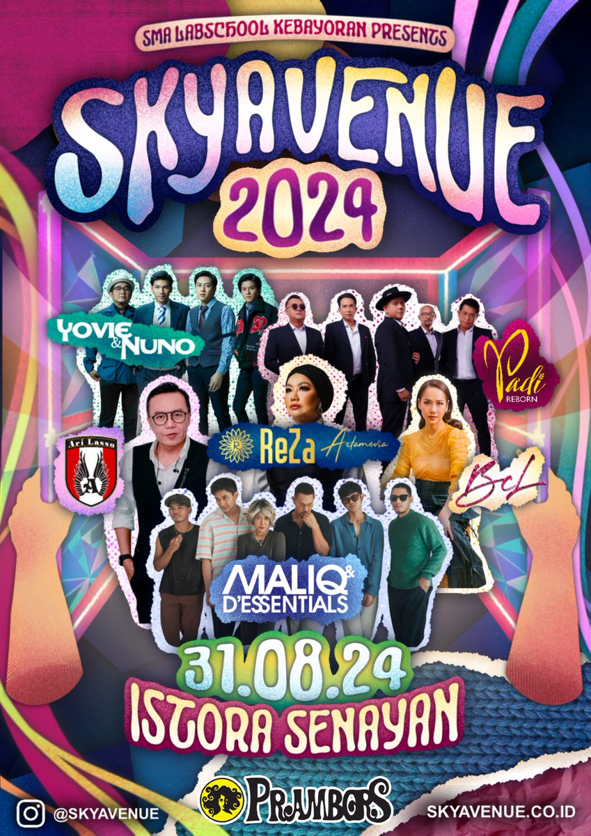 SMA LABSCHOOL KEBAYORAN PROUDLY PRESENTS. . . 🥁

The 19th Annual 🫧 SKYAVENUE 2024 🫧
With the theme 🌬️✨ “Whisparia of the Phantasmaghoric Haven” ✨🌬️
📍Istora Senayan, 31st of August 2024

With our spectacular guest stars :
🎤 Ari Lasso
💃 BCL
🕺 Padi Reborn
🪩 Maliq &amp;